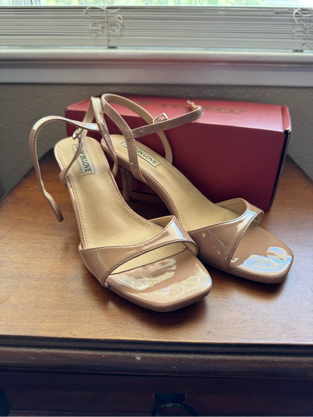 Joy In Love Kitten Heel Nude Patent Ankle Strap Sandals